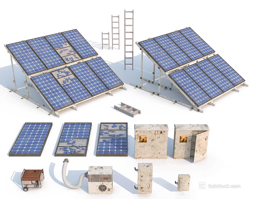 Solar Panels And Home Appliance Components With Mounting Brackets And Ladders 3d model 