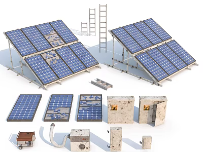 Solar Panels And Home Appliance Components With Mounting Brackets And Ladders 3d model