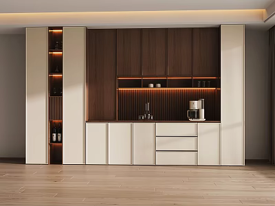 Modern Wine Cabinet With Wooden And White Finish LED Lighting Display Shelves And Drawers 3d model
