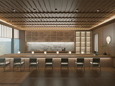 Modern Box Interior With Wooden Ceiling Comfortable Seats And Decorative Wall 3d model
