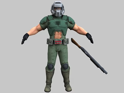 Man In Green Combat Suit With Helmet Gas Mask Body Armor And Rifle 3d model