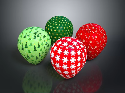Festive Christmas Ornaments With Red Snowflake Strawberry And Green Tree Star Patterns 3d model