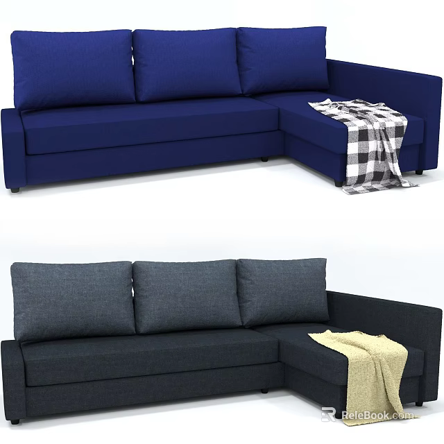 Comfortable Blue And Gray Sectional Sofa With Plush Blankets For Living Room 3d model