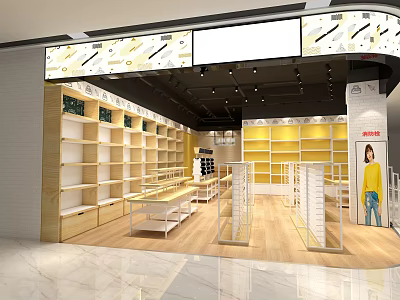 Modern Retail Store Interior Featuring Wooden Shelves Yellow Display Cabinets And White Racks 3d model