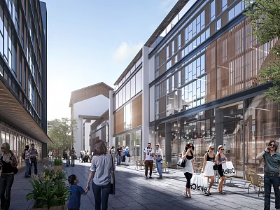 Modern Commercial Street With Glass Facades Open Walkway Pedestrians Shopping And Greenery 3d model