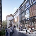 Modern Commercial Street With Glass Facades Open Walkway Pedestrians Shopping And Greenery