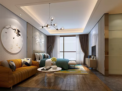 Modern Hotel Guest Room Interior With Sofa Bed Large Window And Chandelier 3d model