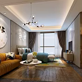 Modern Hotel Guest Room Interior With Sofa Bed Large Window And Chandelier