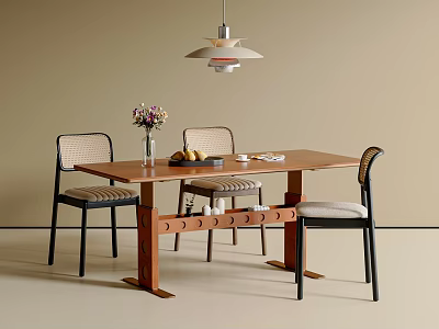 Stylish Wooden Table And Chairs Combination With Wicker Back Upholstered Seats Vase Flowers Pendant Light 3d model