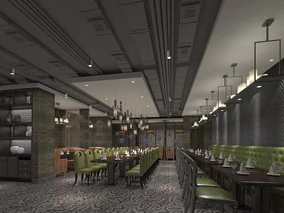 Elegant Restaurant Interior With Green Chairs Long Tables Pendant Lights Decorative Walls And Patterned Floors 3d model