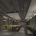 Elegant Restaurant Interior With Green Chairs Long Tables Pendant Lights Decorative Walls And Patterned Floors