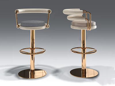 Stylish Modern Bar Stools With Gold Metal Frame Gray Beige Cushions And Round Base 3d model