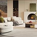 Modern Living Room Interior With Sofa Fireplace Area Rug And Decorative Artwork