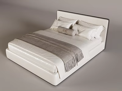 Modern Double Bed With Upholstered Headboard Soft Mattress Neutral Bedspread And Pillows 3d model