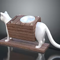 White Cat Standing Next To Wooden Elevated Food Bowl Platform