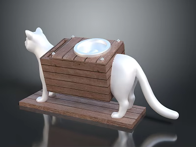 White Cat Standing Next To Wooden Elevated Food Bowl Platform 3d model