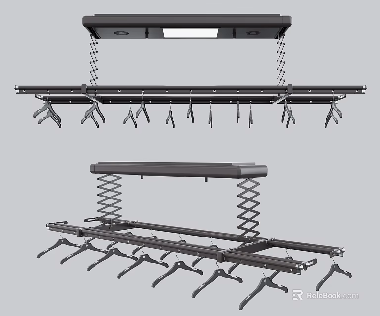 Retractable Ceiling Mounted Clothes Hangers With Spring Rods And Metal Hooks For Home Use 3d model 