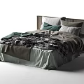 Modern Double Bed with Wicker Headboard Plaid Quilt and Green Gray Pillows