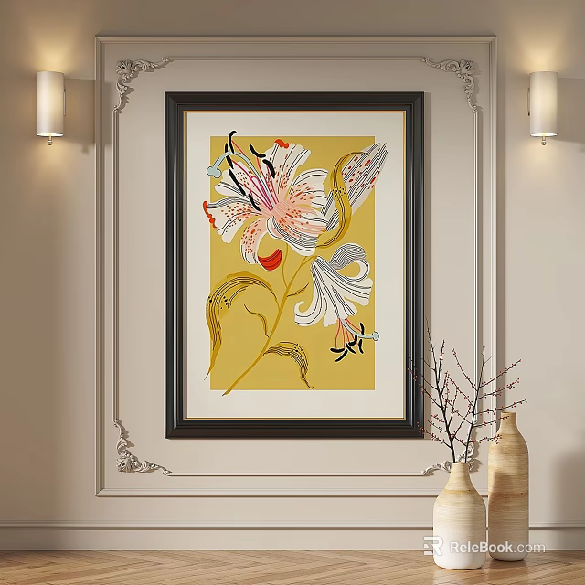 Abstract Painting With Yellow Background Floral Abstract Design Framed On Wall Decorative Elements 3d model