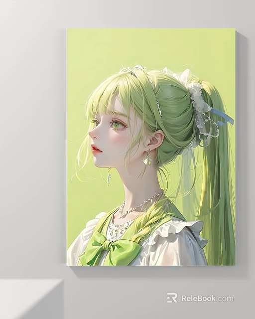 Green Haired Girl Portrait With Ponytail Hair Accessories White Green Clothing And Light Green Background 3d model 