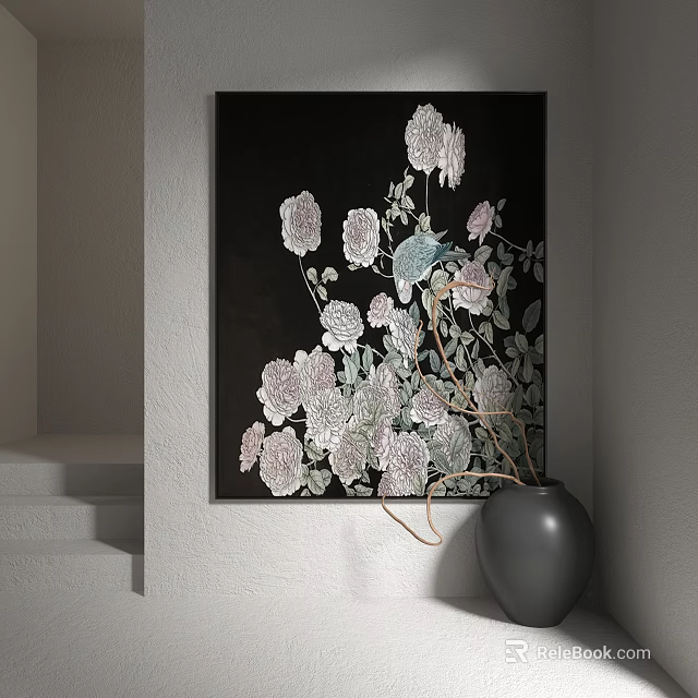 Botanical Flower Painting With Black Background In Home Interior Decor 3d model 