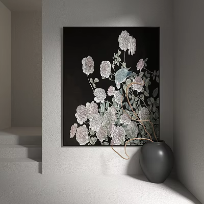 Botanical Flower Painting With Black Background In Home Interior Decor 3d model