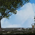 Garden Ornaments Design With Large Tree Wooden Bench Green Plants And Blue Sky