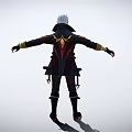 White Haired 3D Character In Open Black Red Coat With Belted Waist And Arms Outstretched