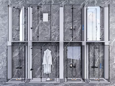 Modern Shower Sauna Interior Design With Glass Partitions Marble Walls And Bathrobe 3d model