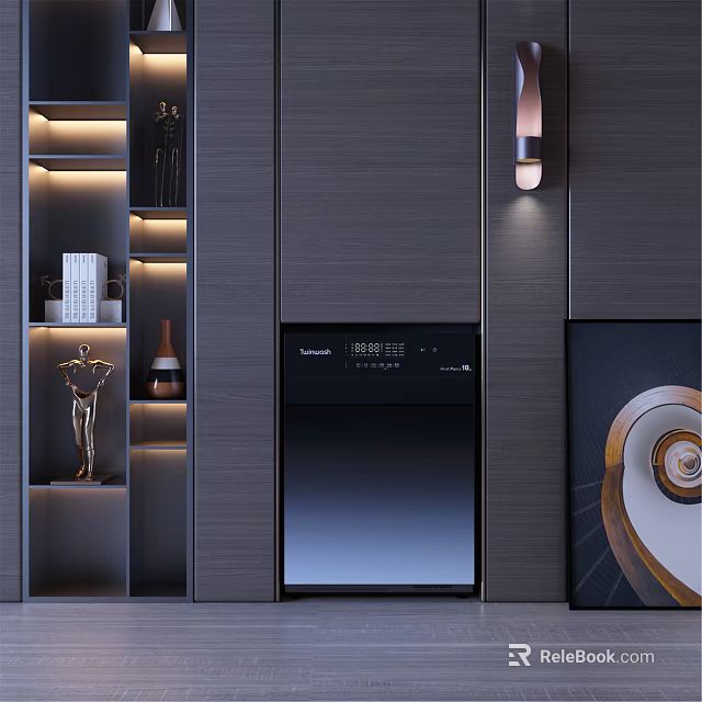 Modern Dark Gray Storage Shelf Unit With LED Lighting And Decorative Sculptures 3d model 