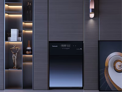 Modern Dark Gray Storage Shelf Unit With LED Lighting And Decorative Sculptures 3d model