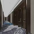 Modern Hotel Corridor Interior With Wooden Walls Patterned Carpet Lighting And Decorative Accents