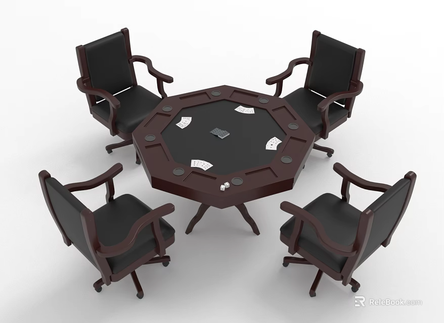 Hexagonal Entertainment Table With Black Leather Chairs And Playing Cards On Wooden Legs 3d model 