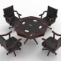 Hexagonal Entertainment Table With Black Leather Chairs And Playing Cards On Wooden Legs