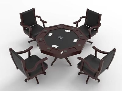 Hexagonal Entertainment Table With Black Leather Chairs And Playing Cards On Wooden Legs 3d model