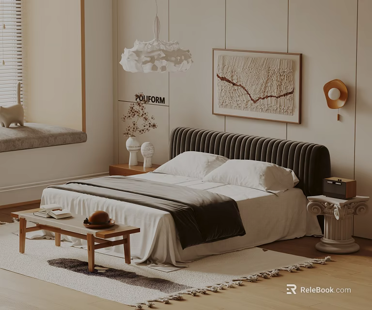 Modern Bedroom Interior With Striped Headboard White Bedding Hanging Chandelier And Decorative Painting 3d model 