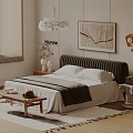 Modern Bedroom Interior With Striped Headboard White Bedding Hanging Chandelier And Decorative Painting