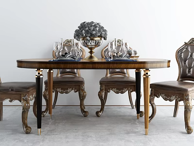 Elegant Vintage Dining Table Set with Oval Wooden Top Carved Chairs and Gray Flower Vase 3d model