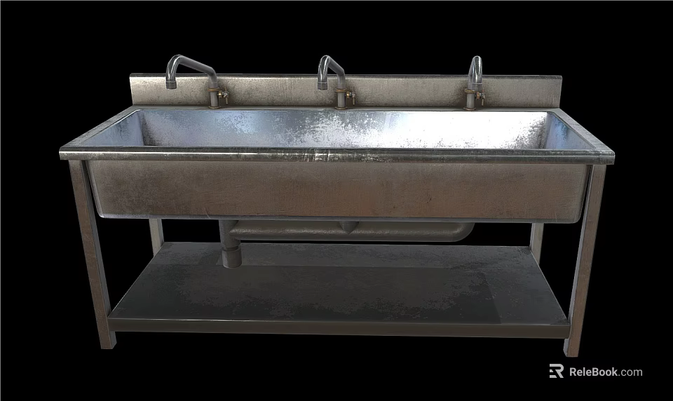 Stainless Steel Vegetable Washing Sink With Three Faucets On Stand And Bottom Shelf 3d model 