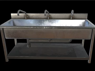 Stainless Steel Vegetable Washing Sink With Three Faucets On Stand And Bottom Shelf 3d model