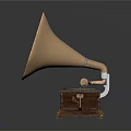 Antique Phonograph With Polished Brass Horn Wooden Base And Vinyl Record