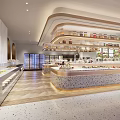 Modern Restaurant Interior With Long Display Counter Glass Refrigerators And Terrazzo Flooring