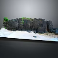 Natural Wood and Stone Materials Scene With Black Rocks Green Plants And Sandy Area