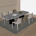 Elegant Oval Marble Top Dining Table And Six White Beige Chairs In Modern Dining Room