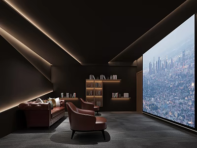Modern Home Theater Interior Design With Leather Sofa Large Projector Screen Bookshelves And Ambient Lighting 3d model