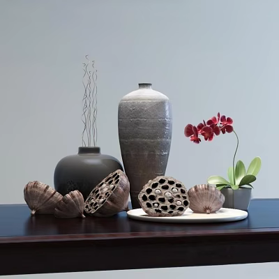 Decorative Ceramic Vessels with Various Shapes Handcrafted Textures on Wooden Table and Red Orchid 3d model