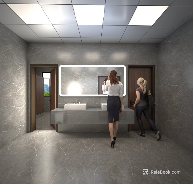 Public Restroom With Modern Design Clean Sink Counter And Large Mirror 3d model 
