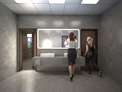 Public Restroom With Modern Design Clean Sink Counter And Large Mirror 3d model
