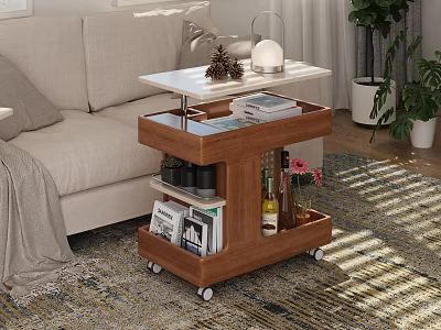 Cozy Modern Living Room Wooden Side Table with White Top Wheels Storage Shelves and Decorative Items 3d model