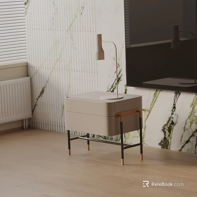 Modern Beige Nightstand with Drawer and Metal Legs Featuring Table Lamp Near Marble Pattern Wall 3d model 